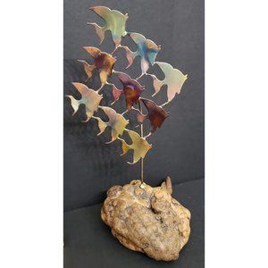 SCULPTURE ART Metal SCHOL 8 iridescent Fish handwelded 10 inch Camphor Wood Base